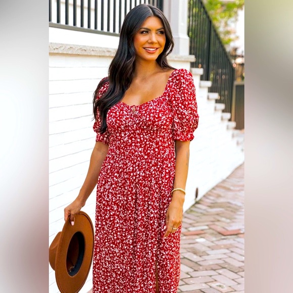 Wine Floral Print Smocked Maxi Dress - Picture 3 of 12